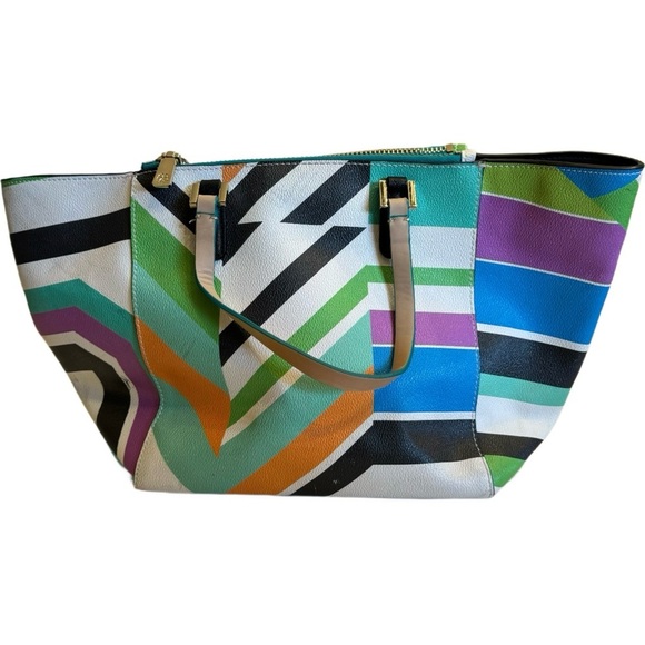 Trina Turk Women’s Multi Color Geo Purse Pocketbook Bag Tote Handbag PVC - Picture 1 of 16